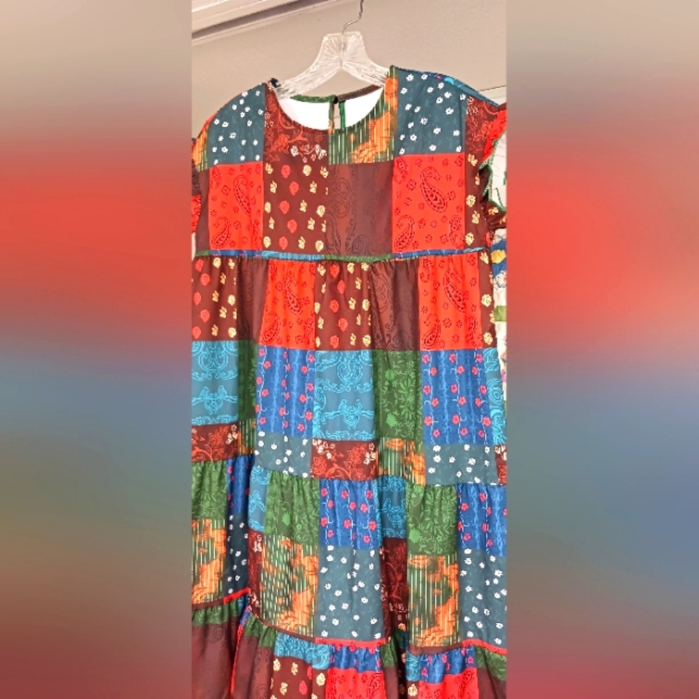 SHEIN Multicolor Patchwork Midi Dress - Red, Blue, Green, Brown - Picture 3 of 5